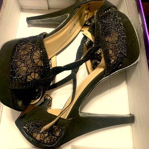 Black open toe crochet heel